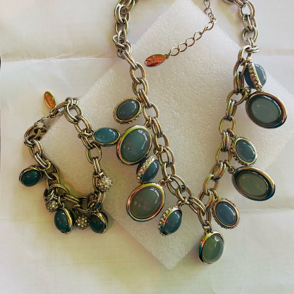Ann Taylor Glass & Silver Metal Necklace & Bracelet Set Adjustable